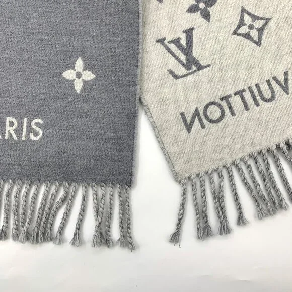 Louis Vuitton Grey Monogram Wool Fringe Scarf - Picture 9 of 9